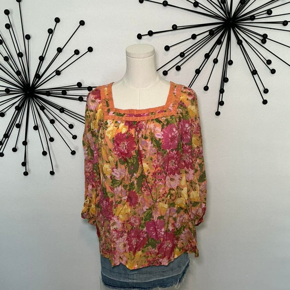 LC Lauren Conrad floral boho blouse sheer peasant top cottagecore flowy
